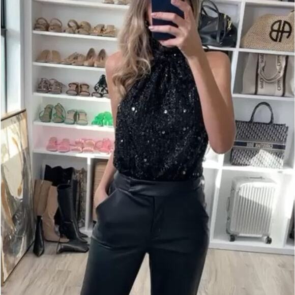 NBD Black Sequin Halter Top Bodysuit LARGE Cocktail Backless Revolve $148 NEW - Picture 4 of 6